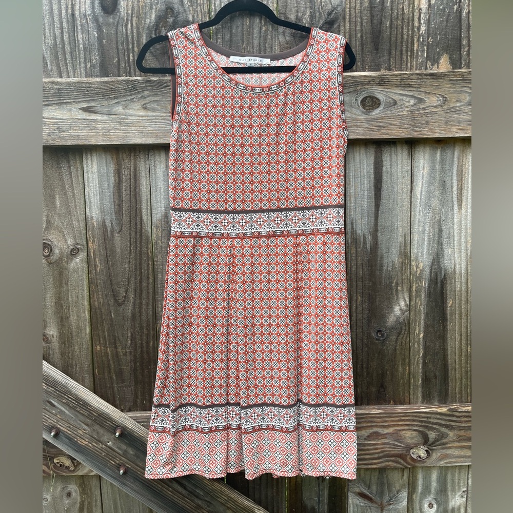 Max Studio Red and White Patterned Midi Dress Size M